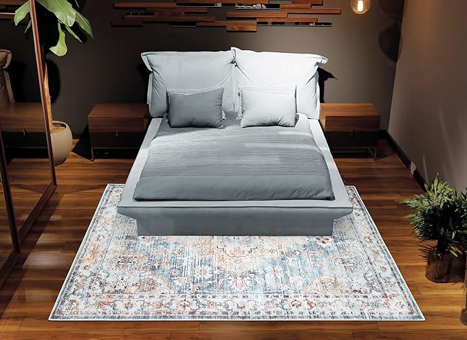 Bloom Rugs Washable Non-Slip 4' x 6' Rug - Teal/Peach Traditional Area Rug for Living Room, Bedroom, Dining Room, and Kitchen - Exact Size: 4' x 6'