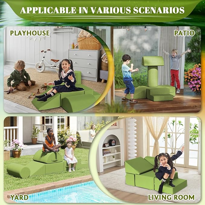 jela Kids Foam Climbing Blocks 6Pcs Soft Play Equipment Waterproof Fabric, UV Resistant Toddler Climbing Toys Indoor& Outdoor Soft Play Climbing, Lightweight Climbing Blocks forToddlers (Green)