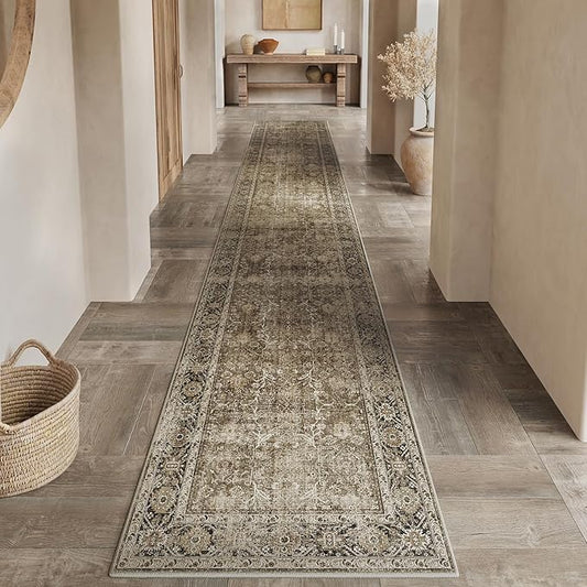 Brown Runner Rug 2x12 Vintage Area Carpet Hallway Long Indoor Kitchen Washable Living Room Low Pile Traditional Distressed Retro Accent Throw Rug Non Slip Laundry Bathroom Office Dining Room