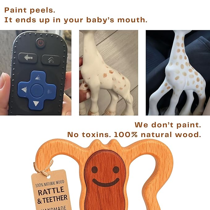 HippoToys 100% Natural Wooden Baby Rattle – Handmade Montessori Toy, Plastic-Free, No Toxins or Paint – Safe Gift for Newborns to 12 Months