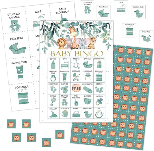 Safari Bingo Games Cards, Jungle Animals Bingo Game Set, Greenery Baby Shower Bingo Party Game, Gender Reveal Party Bingo Supplies for Adults, Baby Shower Party Decorations -04