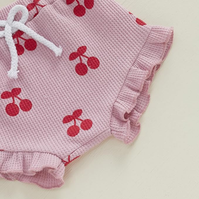 Kaipiclos Cherry Baby Outfit Newborn Infant Girl Clothes Rib Knit Romper & Shorts Waffled Baby Clothes for Girls 0 3 6 12 18M