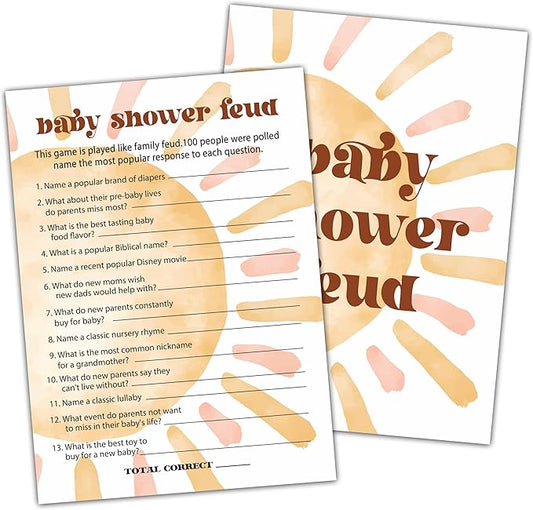 Baby Shower Games, Boho Sun Baby Shower Feud Game, Sunshine Here Comes The Son Gender Reveal Games, Set of 25 Cards(Bohosun003)