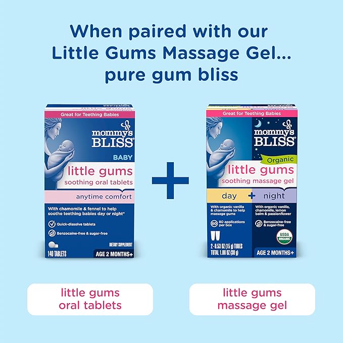 Mommy's Bliss Little Gums Soothing Oral Tablets, Great for Teething Babies, Benzocaine-Free & Sugar-Free, 2 Months+, 1 Bottle (140 Tablets)