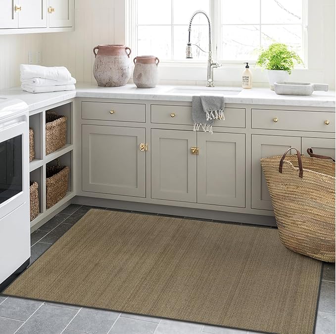 Wonnitar Farmhouse Kitchen Rugs, 3x5 Area Rugs for Entryway Indoor Non-Slip Washable Braided Rubber Rug Neutral Woven Absorbent Throw Carpet for Entry Bathroom Bedroom (Grey/Khaki,3'x5')
