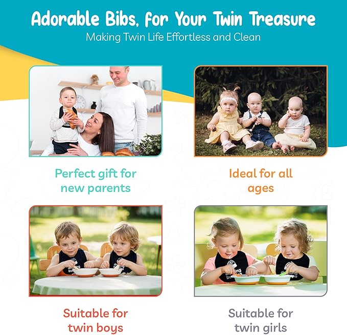 100% Cotton Drinking Buddies Twin Bibs Cute & Practical Unisex Bibs for Twins with Waterproof, Durable, for Everyday Use