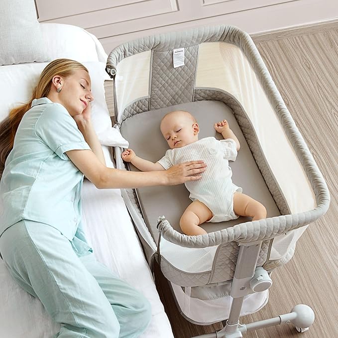 SUNVENO Baby Bassinet, Bedside Sleeper for Baby Easy Folding Portable Crib for Newborn Infant with Detachable Mattress, Straps, Height Angle Adjustable, Breathable Mesh, Grey