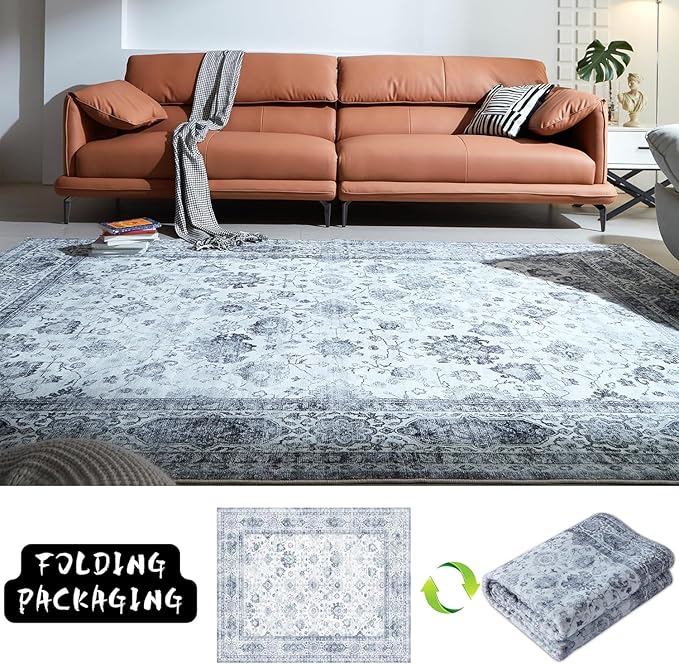 Area Rugs 8x10 Rug for Living Room Washable Boho Area Rug Non Slip Soft Vintage Low Pile Large Rug for Living Room, Bedroom, Farmhouse, Dining Room, Kids Playroom(Grey and White)