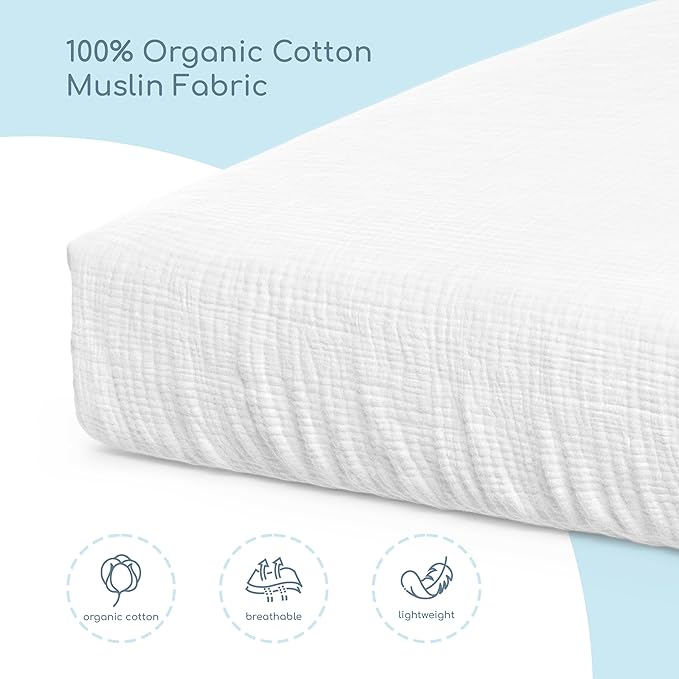 Muslin Crib Sheets, 100% Organic Cotton, Breathable and Ultra-Soft, Standard Crib Sheet Mattress (28"x 52") for Girls and Boys, Neutral Fitted Baby Crib Sheet (White)