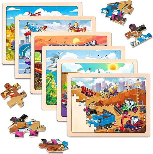 Wooden Vehicle Puzzles for Kids Ages 4-6,6 Pack 60Pcs Jigsaw Wooden Car Puzzles for Toddlers 3-5,Preschool Educational Toys Gifts for Children Ages 4-8,Kids Learning Toys for 4+ Year Boys Girls