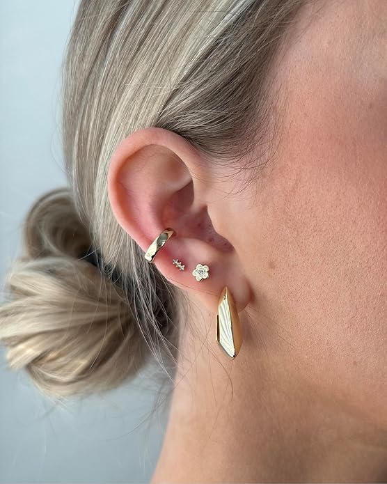 PAVOI 14K Gold Plated Dainty Flat Back Earrings for Women - Hypoallergenic Sterling Silver Posts Helix Cartilage Piercing Jewelry - Emoji Motif Bow Celestial Flatback Gold Stud Earrings Screw Back