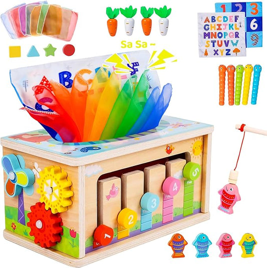 Montessori Baby Wooden Tissue Box Christmas Toy 6-in-1 Sensory Tissue Box Toy for Babies 6-12 Months Developmental Toys for Babies, Christmas Gift for 6-12 Months