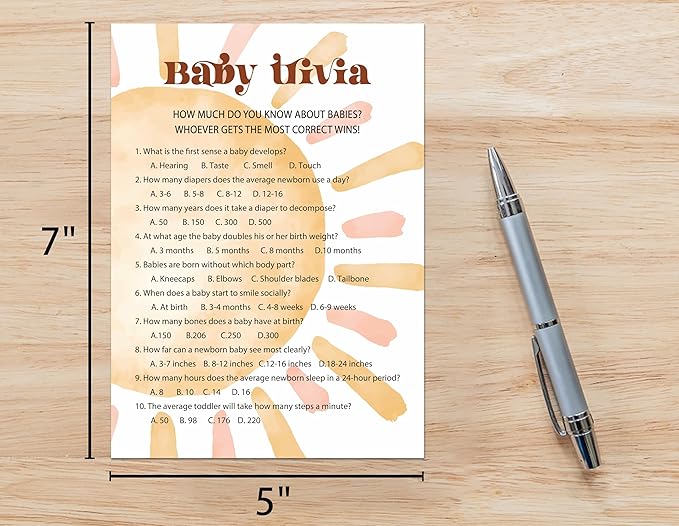 Baby Shower Games For Boy, Boho Sun Baby Trivia Baby Shower Game, Sunshine Here Comes The Son Gender Reveal Games, Set of 25 Cards(Bohosun002)