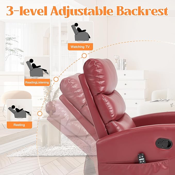 Manual Swivel Rocker Recliner Chair with Massage, Overstuffed Recliner Glider with Vibration Massage and Heat for Nursery, Living Room Reclining Sofa Chair, PU Leather Red