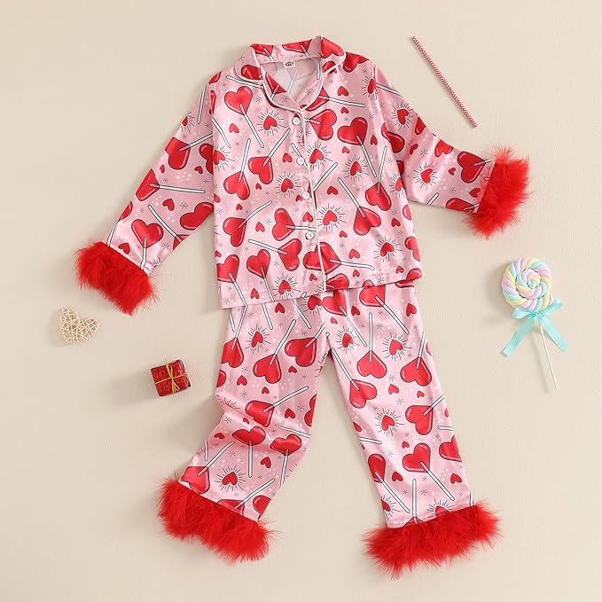 Toddler Kids Baby Girl Solid Pjs Ruffle Long Sleeve Button Shirt Top and Pants Cotton 2Piece Pajamas Set