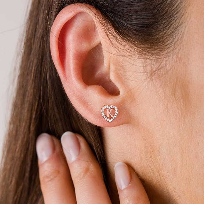 Initial Heart Earrings for Girls, Sterling Silver Post Silver/Rose Gold Heart Initial Stud Earrings for Little Girls Kids Baby Earrings Non Tarnish Hypoallergenic Earrings for Teen Girls Gifts Jewelry