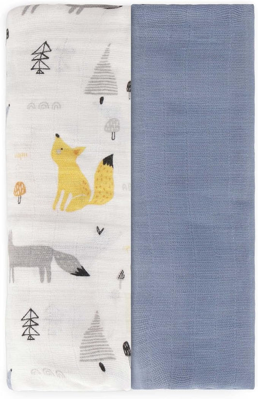 Featherhead™ 100% Cotton Muslin Swaddle Blankets for Baby Boy - Large 47”x 47” - Pre-Washed, Soft, & Breathable - Newborn Essential & Perfect Baby Registry Gift (2 Pack - Blue Foxes)