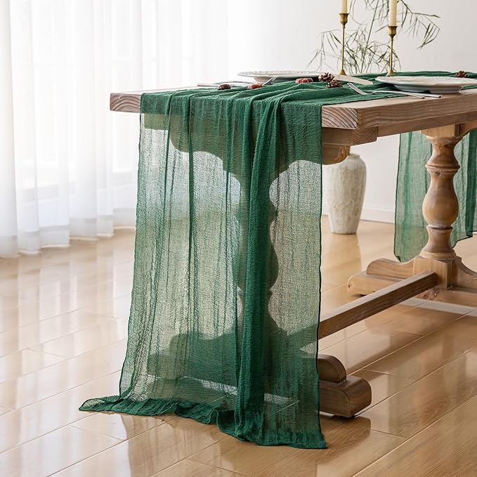 Table Runner Emerald Green Cheesecloth Gauze 120 Inch 10 FT Rustic Boho Cheese Cloth Table Runner for Wedding Baby Shower Bridal Shower Party Long Sheer Holiday Home Decorations