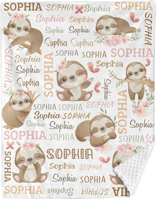Personalized Baby Blanket for Girls Sloth Custom Baby Blankets with Name Dotted Backing Customized Gifts for New Mom Customize Baby Blanket for Kids Newborn Birthday