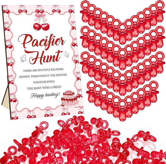 Thyle 51 Pcs Pacifier Hunt Baby Shower Games Include Hunt Sign and 50 Acrylic Pacifiers for Baby Shower Game Decoration Gift Sets Gender Reveal Party Decor (Cherry)