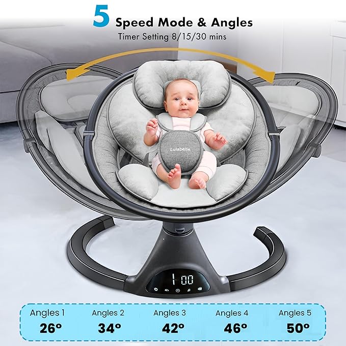 Baby Swings for Infants - Lulabelle Portable Infant Swing with Adjustable Height, 5 Sway Speeds with Remote Control, Lullaby Songs, Stationary Seat Baby Swing - for Girls & Boys.