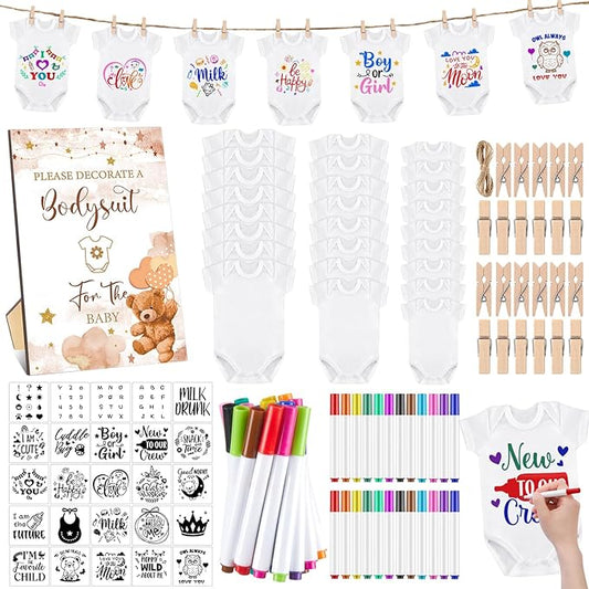 Panitay 126 Pcs Baby Shower DIY Bodysuit Set Rustic Kraft Baby Shower Game Sign DIY Bib 25 Blank White Newborn Bodysuit 25 Stencils 24 Marker 1 Sign 50 Pins for Gender Reveal(Bear)