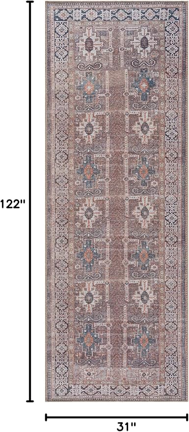 Bloom Rugs Washable 10 ft Runner - Brown/Blue/Orange Traditional Runner for Entryway, Hallway, Bathroom, and Kitchen - Exact Size: 2.5' x 10'