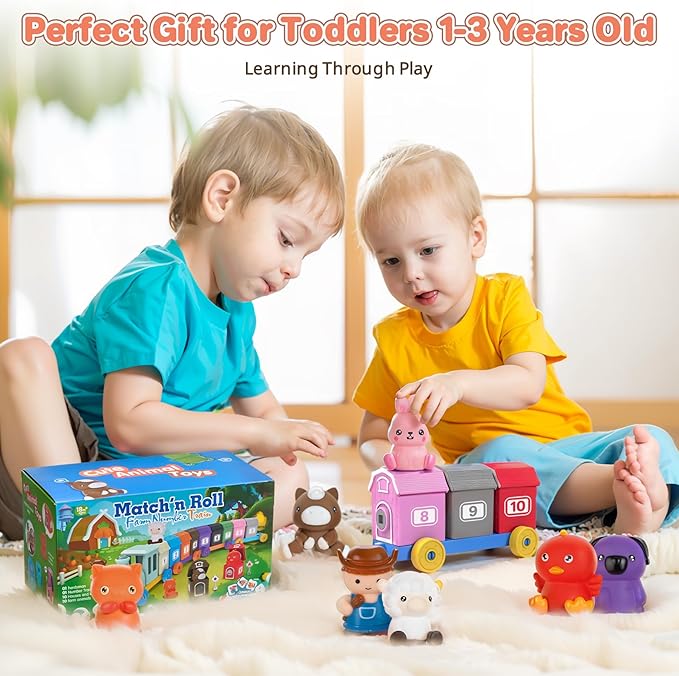 Toddler Learning Toys for 1 2 3 Years Old,Counting, Color Recognition & Math Skills Montessori Toy Farm Animals Train with 10 Finger Puppets, Birthday Educational Gift for Baby Toddler Boys Girls