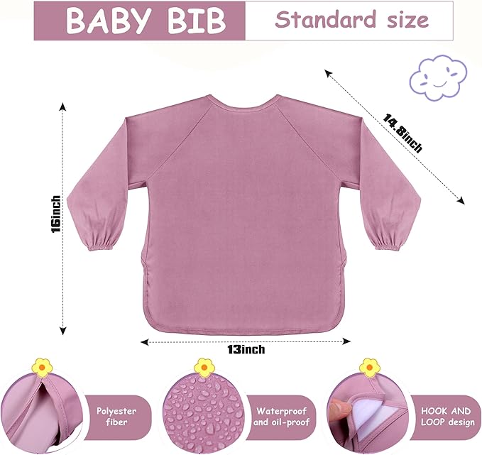 Jeyiour 6 Pack Long Sleeve Baby Bibs Mess Proof Bib Washable Feeding Bib Waterproof Smock Bib for Infant Toddler 6-24 Months