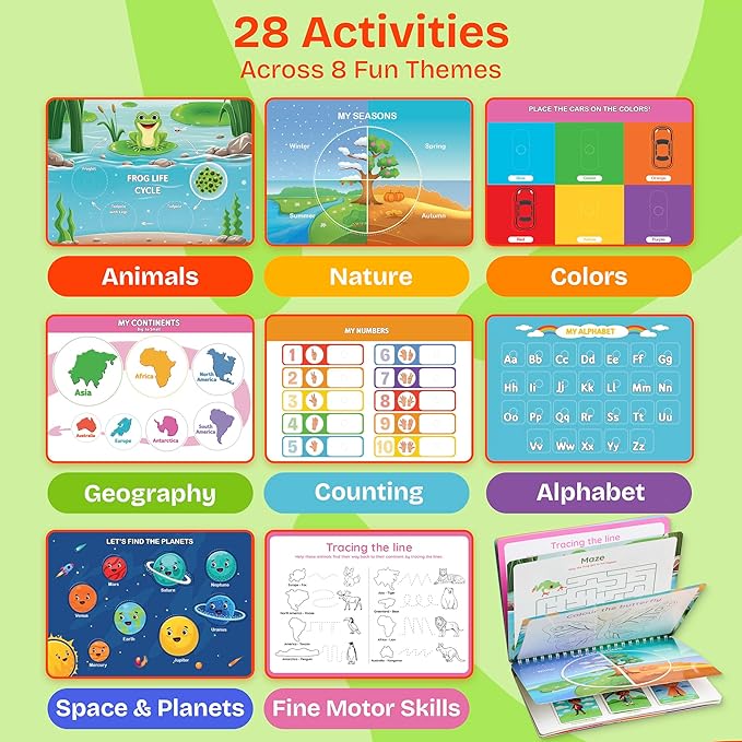 Toddler Busy Book – Montessori Activity Book for 3+ Year Olds – 14 Interactive Learning Pages with Matching, Tracing & Puzzles – Preschool Educational Toy for Fine Motor Skills & Early Development