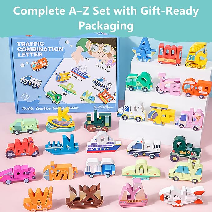 52 Pieces Wooden Alphabet Transportation Puzzle for Kids Ages 3+, ABC Learning Toys with Vehicles, Montessori Educational Toy for Toddlers, CPC Certified Alphabet Blocks for Boys and Girls