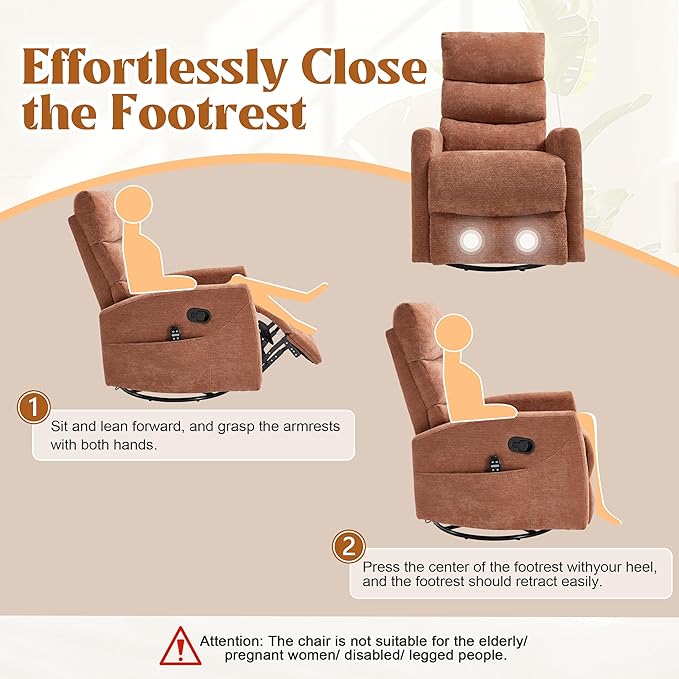 Manual Swivel Rocker Recliner Chair with Massage, Overstuffed Recliner Glider with Vibration Massage and Heat for Nursery, Living Room Reclining Sofa Chair, Fabric Orange