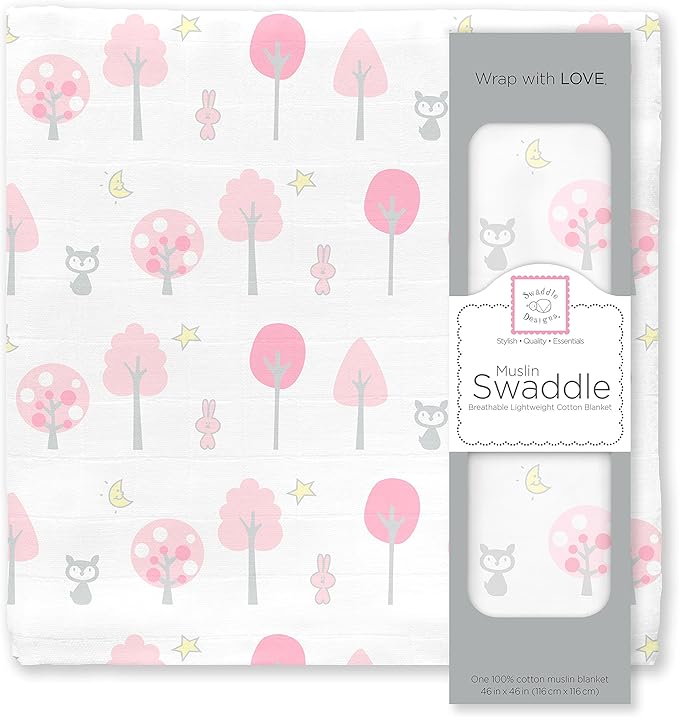 SwaddleDesigns Large Muslin Receiving Swaddle Blanket for Baby Girls/Boys, Soft Premium Cotton, Boutique Quality, Best Shower Gift, Multiuse, Pink Thicket Woodland, Parent Picks Award Winner(SDM-152P)