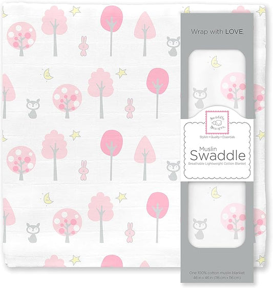 SwaddleDesigns Large Muslin Receiving Swaddle Blanket for Baby Girls/Boys, Soft Premium Cotton, Boutique Quality, Best Shower Gift, Multiuse, Pink Thicket Woodland, Parent Picks Award Winner(SDM-152P)