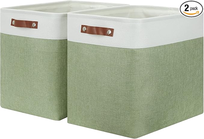 HNZIGE Shelf Storage Baskets for Clothes, Large Storage Bins Fabric Baskets for Organizing, Foldable Rectangular Decorative Storage Bins for Home Closet(White Green), 17" x 12" x 15"