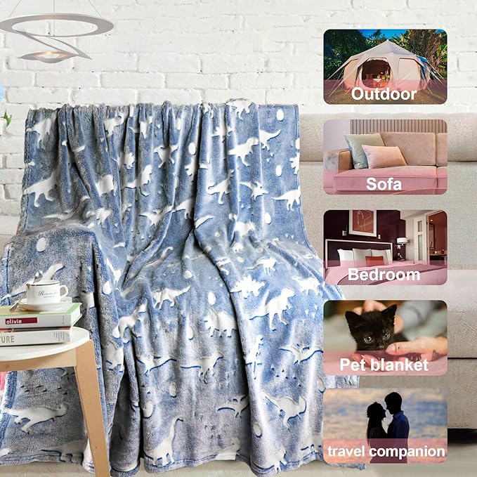TEHALK Dinosaur Glow in Dark Blanket - Soft Fleece for Boys & Girls - Personalized Baby & Toddler Blanket - 50"x60"