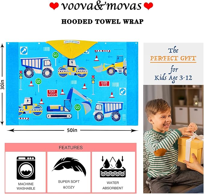 VOOVA & MOVAS Kids Towels Age 3-10, 30''X50, Soft | Thick | 100% Cotton, Large Absorbent Beach, Bath, Pool, Swim Towels | Cover up for Boys | Excavator Vehicle