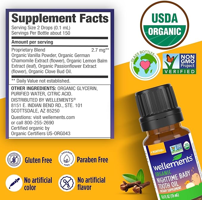 Wellements Organic Nighttime Baby Tooth Oil for 4 Months+ (0.5 Fl Oz) - Baby Teething Relief Oil* for Soothing & Massage for Tiny Gums* - Organic Blend of Essential Oils & Sleepy Time Herbs*