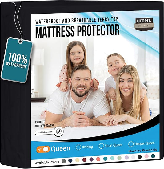 Utopia Bedding Waterproof Mattress Protector Queen Size, Premium Terry Mattress Cover 200 GSM, Breathable, Fitted Style with Stretchable Pockets (Black)
