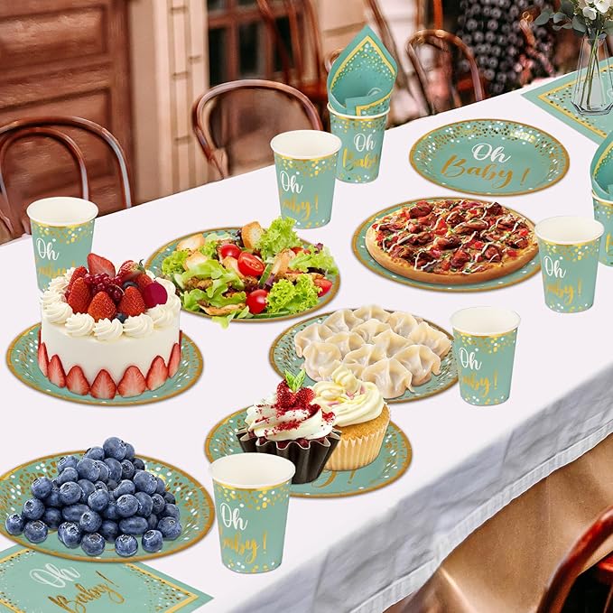 141PCS Sage Greenery Baby Shower Party Supplies Disposable OH Baby Tablecloth Paper Plates Napkins Cups Knives Spoons Forks for Boy Girl Birthday Party Decorations Serve 20