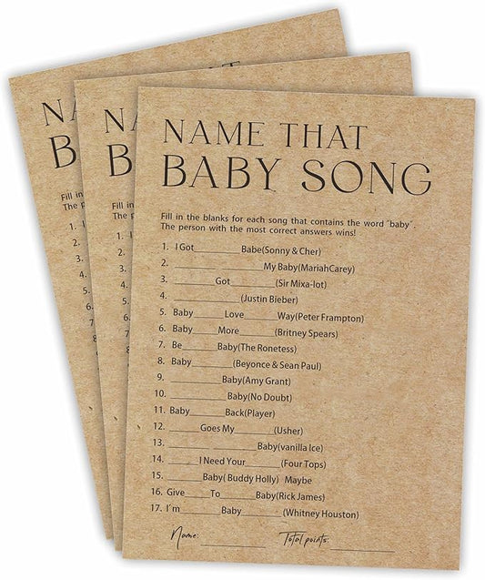 Baby Shower Game - Set Of 30 Kraft Paper Double Print - Name That Baby Song Game Cards With 1 Answer Card For Baby Boy Girl, -Baby Announcements, Gender Reveal Games, Party Favors And Supplies - B12