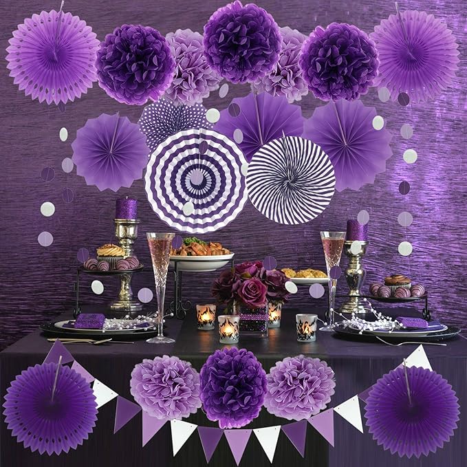 ZERODECO Party Decoration, 21 Pcs Purple and Lavender Hanging Paper Fans, Pom Poms Flowers, Garlands String Polka Dot and Triangle Bunting Flags for Birthday Parties, Wedding, Mermaid Party