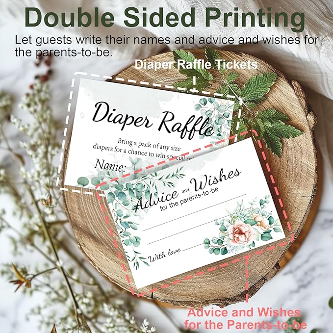 Baby Shower Games, Greenery Diaper Raffle Box for Baby Shower, 50 PCS Diaper Raffle Tickets Card Box with Advice and Wishes for the Parents-to-be, Baby Shower Decorations, Diaper Raffle Sign