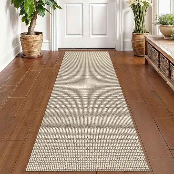 KOZYFLY Runners for Hallways 2x6 ft Washable Kitchen Runner Non Slip Rubber Backed Hall Runners Cotton Entryway Runner Rugs Floor Carpet for Indoor Backdoor Bedroom Kitchen, Ivory/Khaki