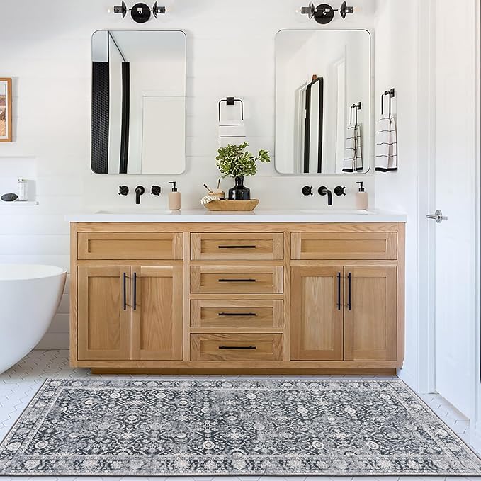 ReaLife Rugs Machine Washable Area Rug - Living Room Bedroom Bathroom Kitchen Entryway Office - Padded Low Pile Stain Resistant Premium - Boho Farmhouse Vintage - Noor - Dark Gray Ivory 2'6" x 8'