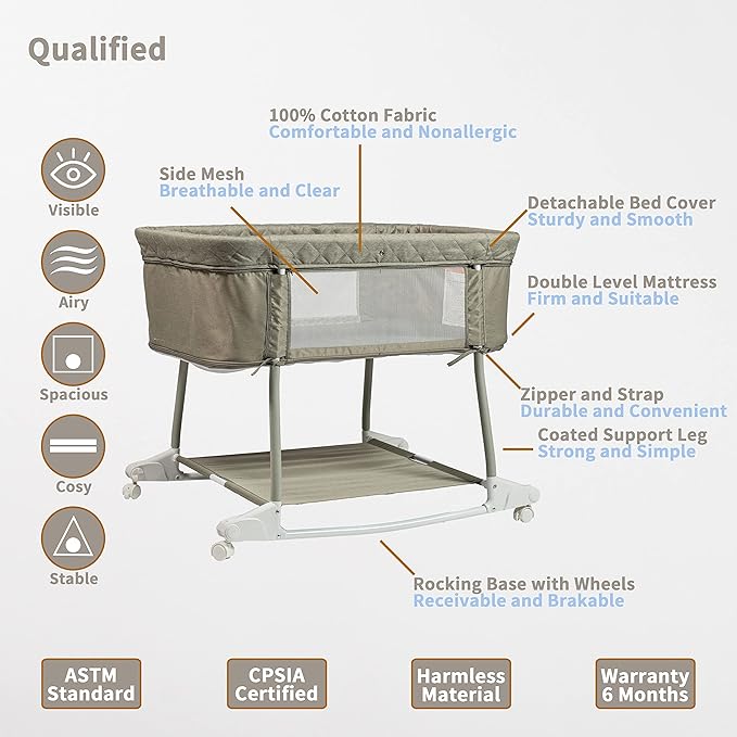 Newborn Portable Bassinet on Wheels for Baby 3 in 1 Bedside Sleeper Rocking Crib Playard with Breathable Mesh Cover Detachable Mosquito Net and Music Box Multi Mode(Light Grey)