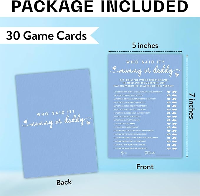EXW Baby Shower Games, Who Said It Mommy Or Daddy, Double-sided Filling Blue Minimalism Game Cards, Baby Shower Activity, Party Supplies & Decorations, Set of 30 -B03