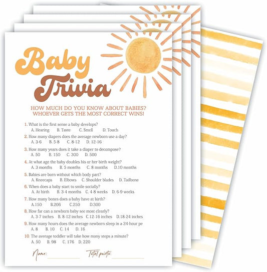 Baby Trivia Game Kits For Baby Shower - 30 Double-Sided Fill In Watercolor Sunshine Style Game Cards 1 Answer Card For Gender Reveal, Baby Announcement, Party Favor & Supplies - C08