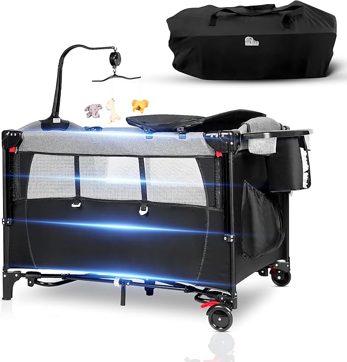 5 in 1 Baby Bassinet - Portable Crib, Bedside Sleeper, Diaper Changer, Playard & Travel Pack and Play Newborn to Toddler Carry Bag + Safety Strap Included