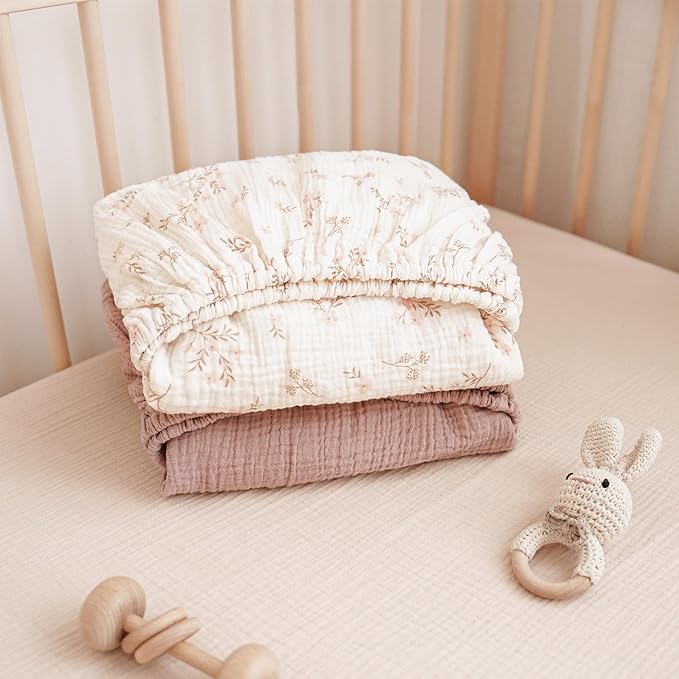 Konssy Muslin Crib Sheets for Boys, Soft Cotton Neutral Baby Sheets for Standard Crib Mattress 2 Pack, 52"x28" (Soft Blooms,Taupe)